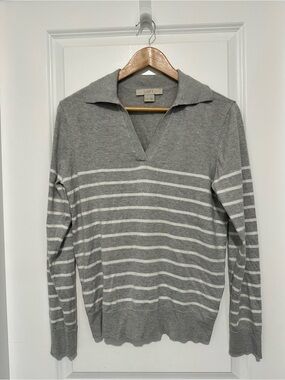 LOFT Women’s Gray and White Striped Polo V‑Collar Sweater Size Small